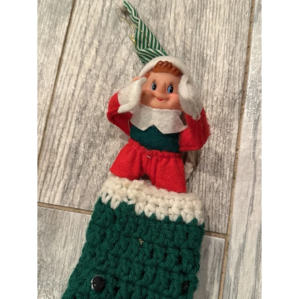 Vintage Pixie Santa Elf Knee Hugger Crochet Stocking Christmas Kitschy Rubber